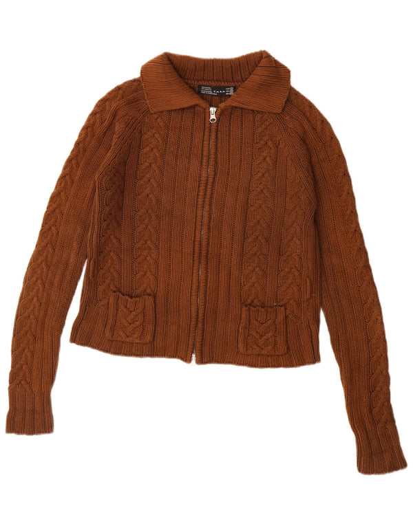 Maglione cardigan con zip intera da donna Zara UK 10 piccolo cotone marrone