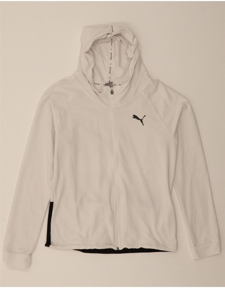 PUMA Womens Graphic Zip Hoodie Sweater UK 14 Medium White Colourblock Vintage Puma and Second-Hand Puma from Messina Hembry 