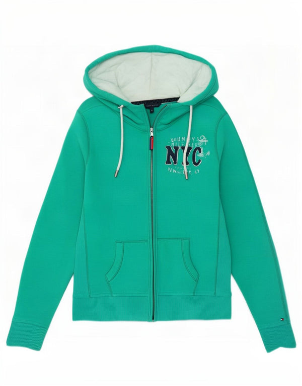 Maglione con cappuccio e zip grafica da donna Tommy Hilfiger UK 14 Cotone verde medio