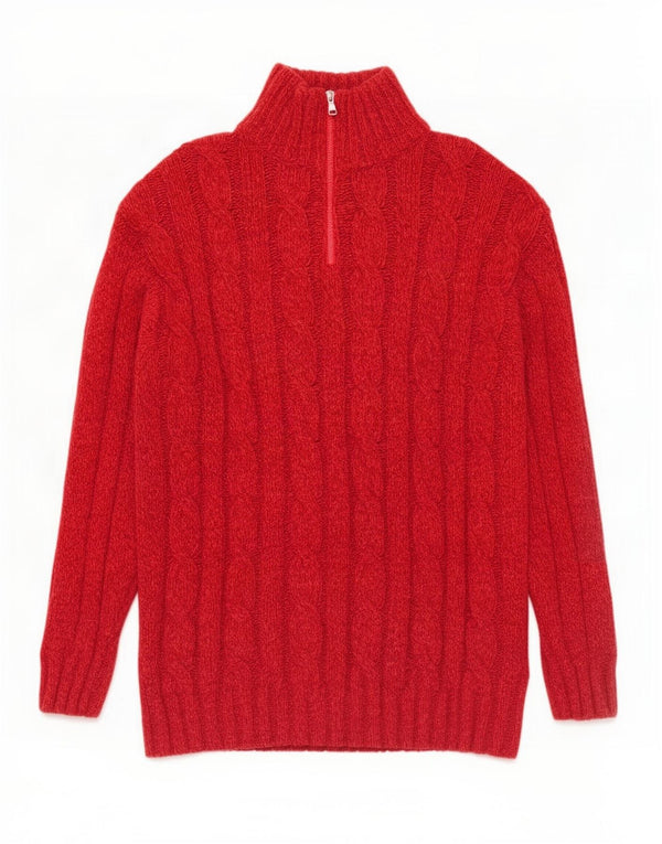 Maglione vintage da uomo con zip e collo grande in lana rossa