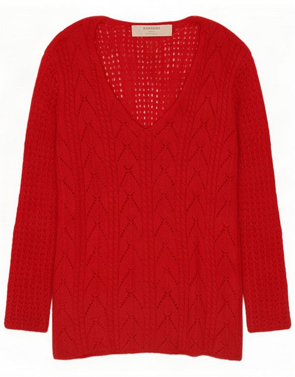 Zara maglione da donna con scollo a V e maniche a 3/4 trasparenti UK 10 Small Rosso