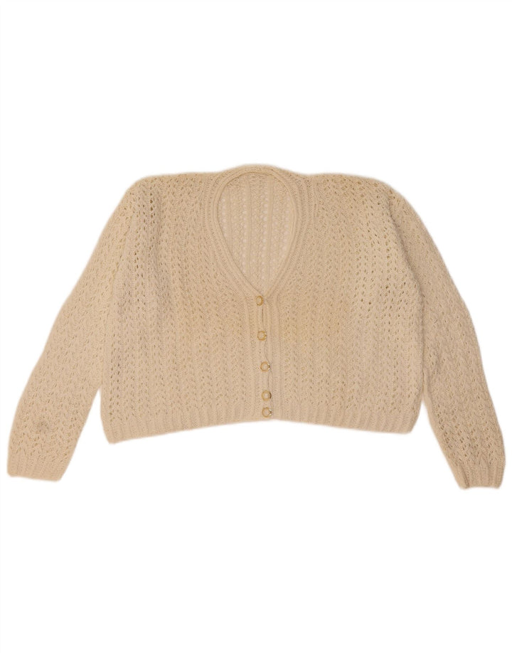 Maglione cardigan corto da donna vintage UK 14 bianco medio