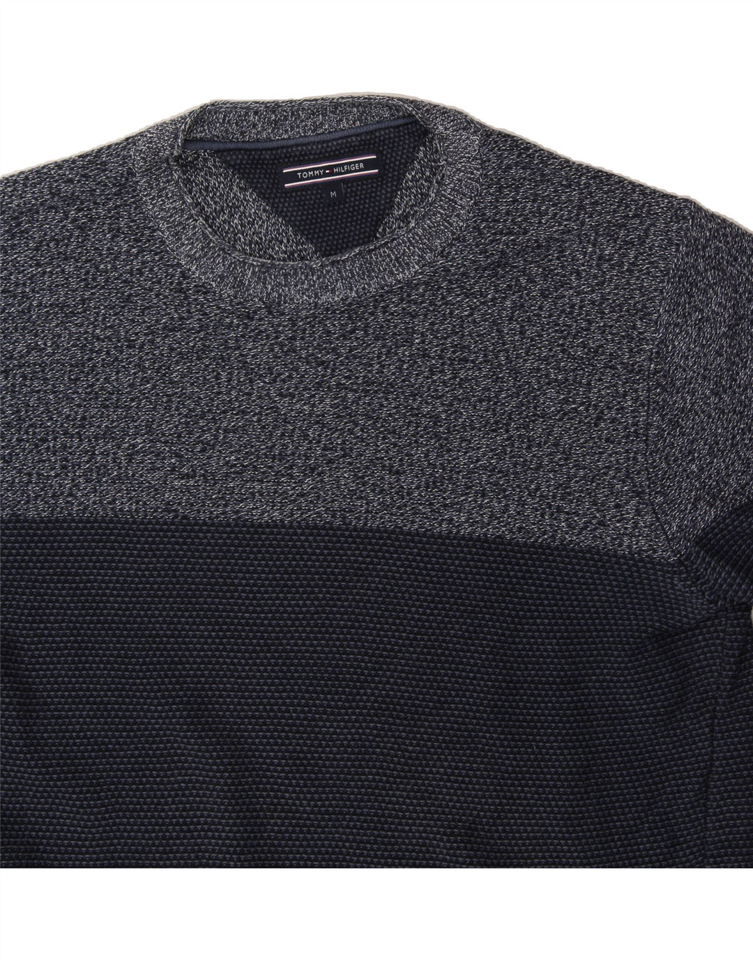 TOMMY HILFIGER Mens Crew Neck Jumper Sweater Medium Navy Blue Colourblock Vintage Tommy Hilfiger and Second-Hand Tommy Hilfiger from Messina Hembry 