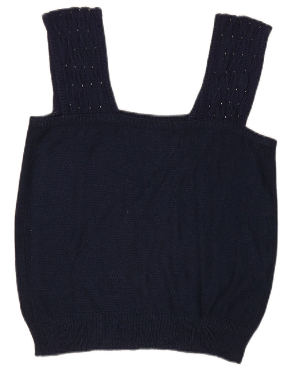 Top corto in maglia da donna vintage UK 8 piccolo blu navy