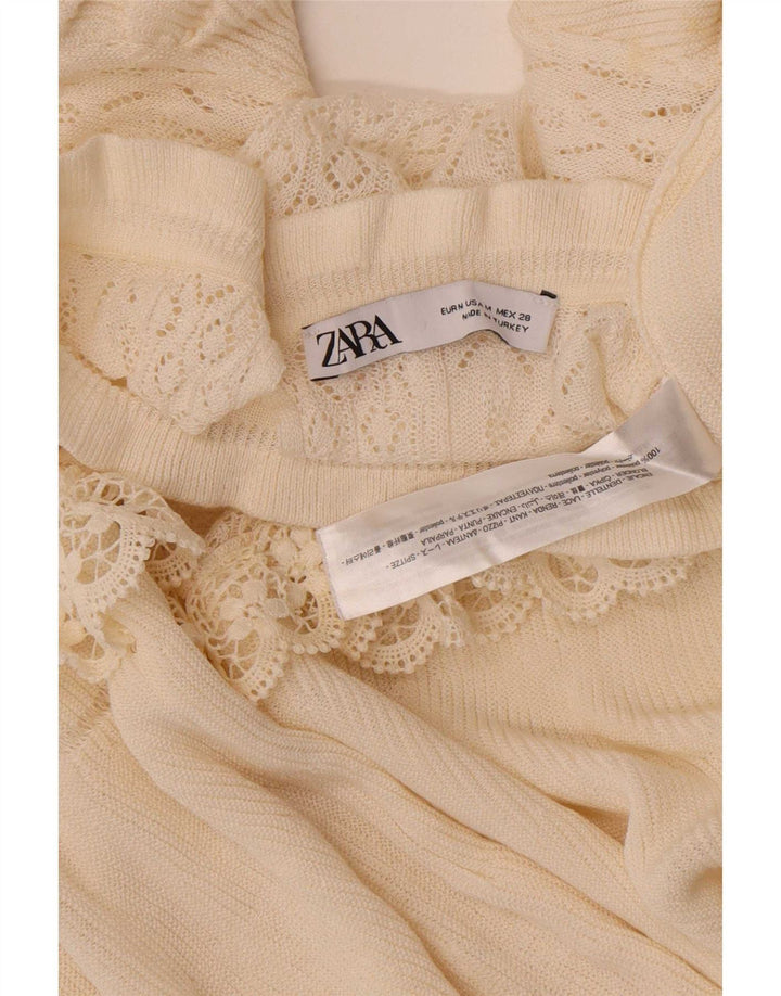 Top Zara da donna con maniche a 3/4, taglia UK 12, poliestere floreale bianco sporco medio