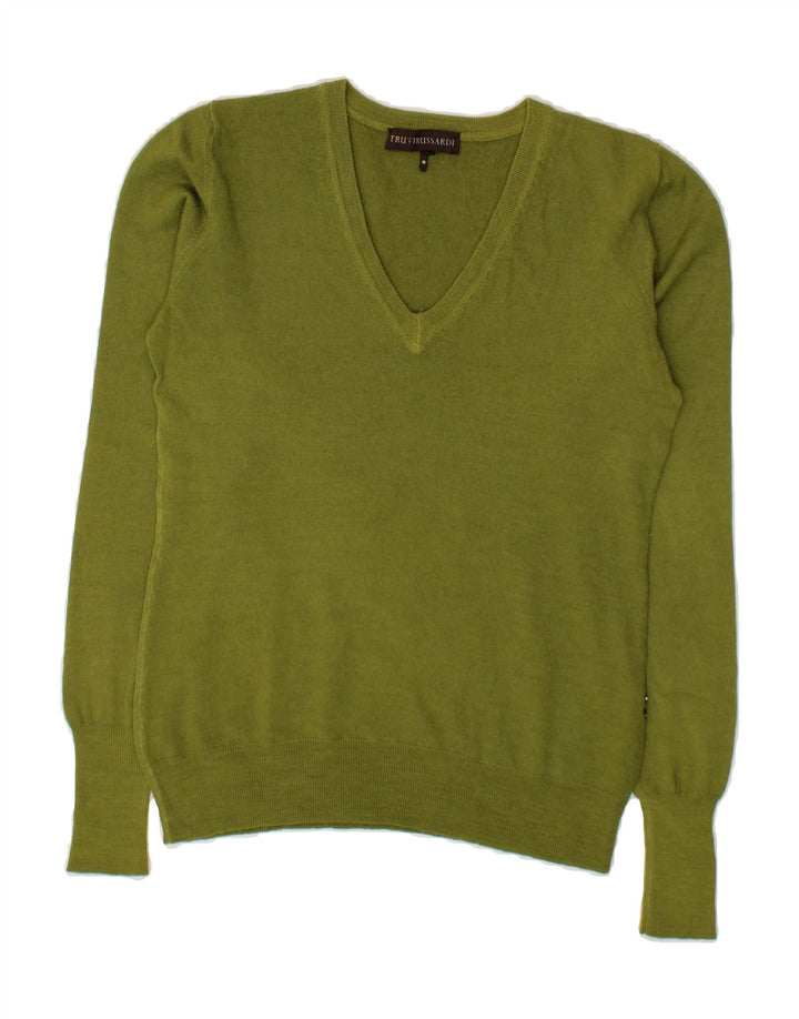 TRUSSARDI Womens V-Neck Jumper Sweater UK 12 Medium Green Vintage Trussardi and Second-Hand Trussardi from Messina Hembry 