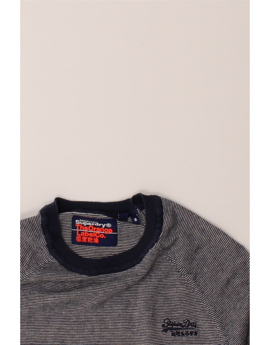 SUPERDRY Mens Crew Neck Jumper Sweater Small Navy Blue Striped Cotton Vintage Superdry and Second-Hand Superdry from Messina Hembry 