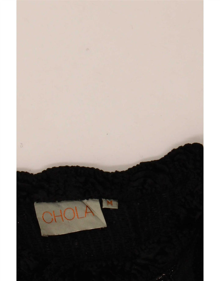 Top corto vintage da donna all'uncinetto UK 14 medio nero