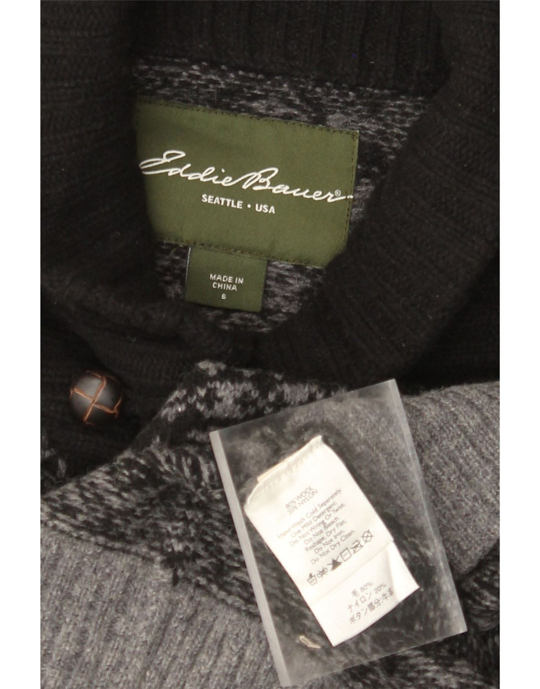 EDDIE BAUER Maglione da uomo con collo a scialle piccolo in lana Fair Isle grigia