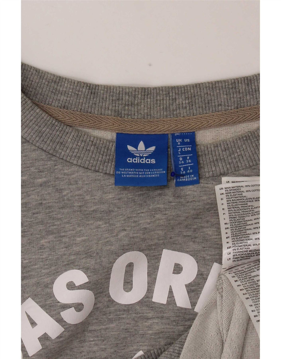 Felpa oversize con grafica Adidas da donna, maglione UK 8, piccolo cotone grigio