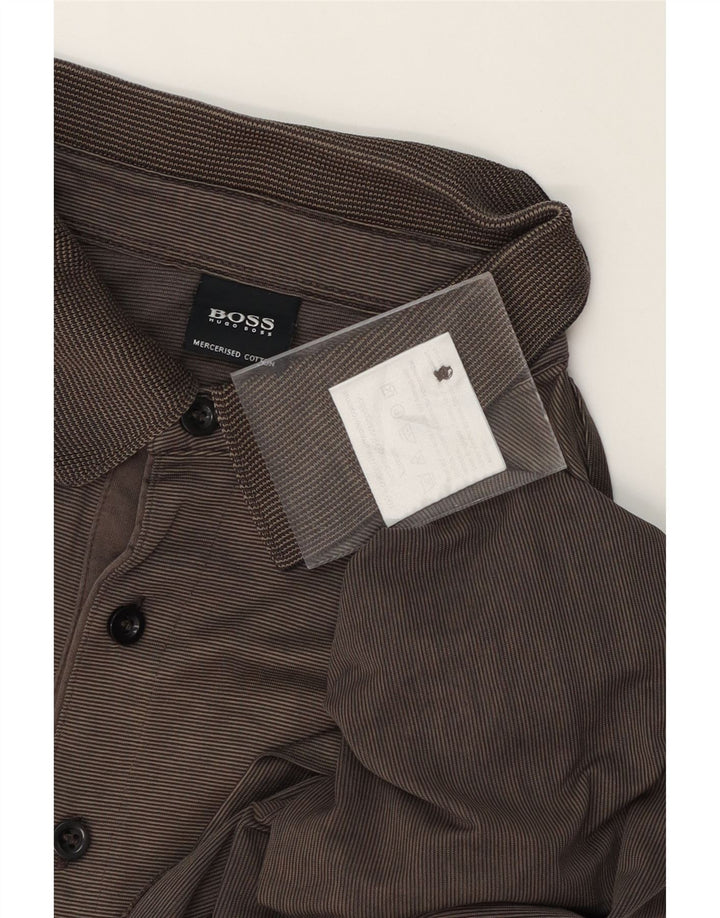 HUGO BOSS Mens Polo Shirt Medium Brown Pinstripe Cotton Vintage Hugo Boss and Second-Hand Hugo Boss from Messina Hembry 