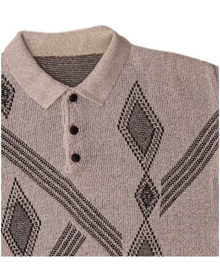 Maglione vintage da uomo con collo a polo grigio medio geometrico