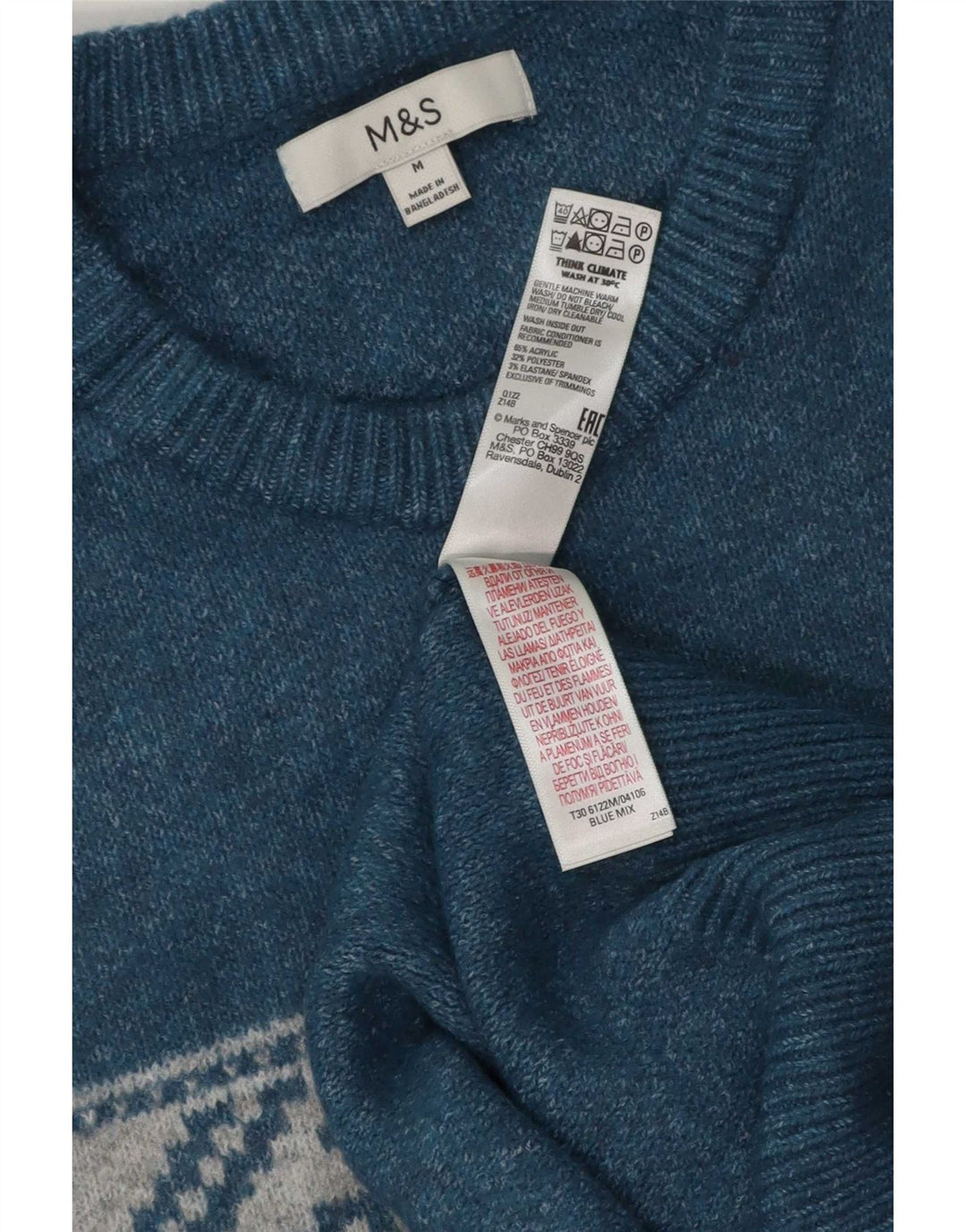 Maglione da uomo con scollo a barca Marks & Spencer, blu medio, acrilico Fair Isle