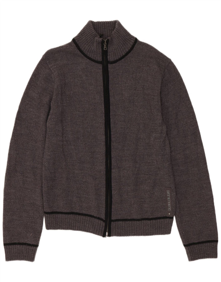 CALVIN KLEIN JEANS Maglione cardigan da donna UK 10 Piccolo grigio in lana vergine