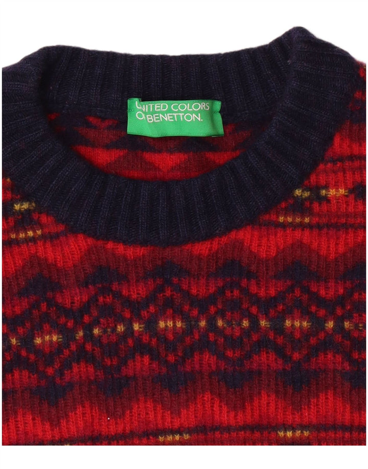 BENETTON Womens Crew Neck Jumper Sweater UK 12 Medium Red Fair Isle