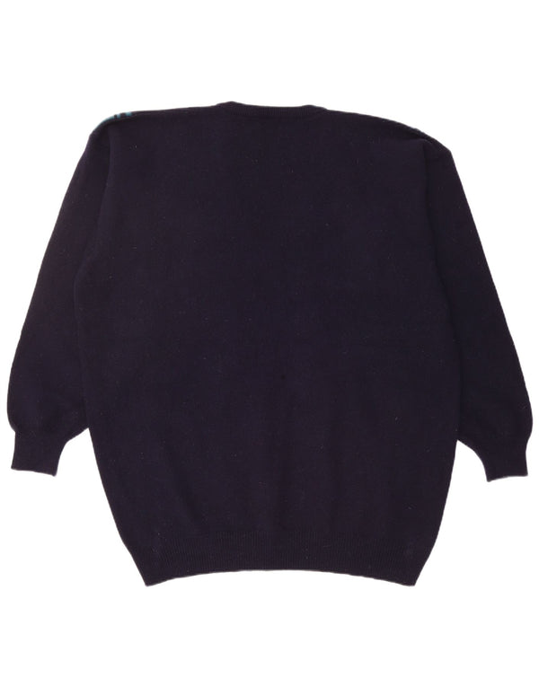 PRINGLE Mens V-Neck Jumper Sweater Large Navy Blue Geometric New Wool