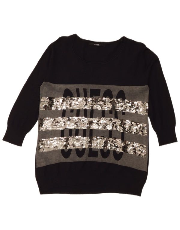 Guess Maglione da donna con scollo a barca con grafica oversize UK 6 XS Nero