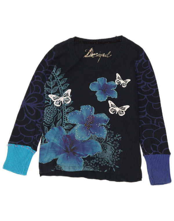 Desigual maglione da donna con scollo a barca con grafica UK 14 grande nero floreale