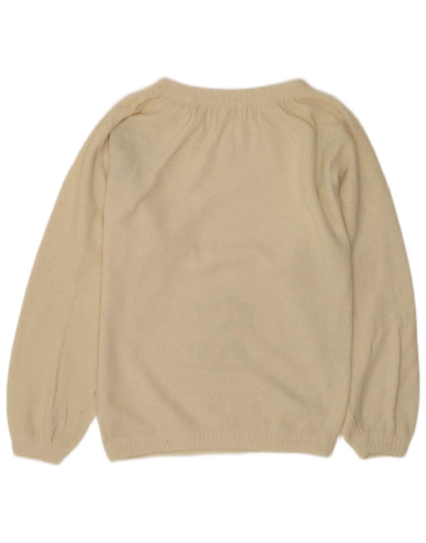 Maglione da donna vintage con scollo a barca, UK 12, medio, bianco sporco, floreale