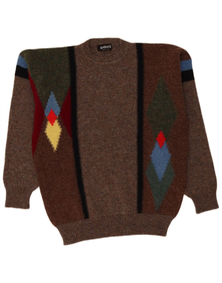 Maglione girocollo da uomo vintage, maglione grande, lana marrone a rombi/diamante