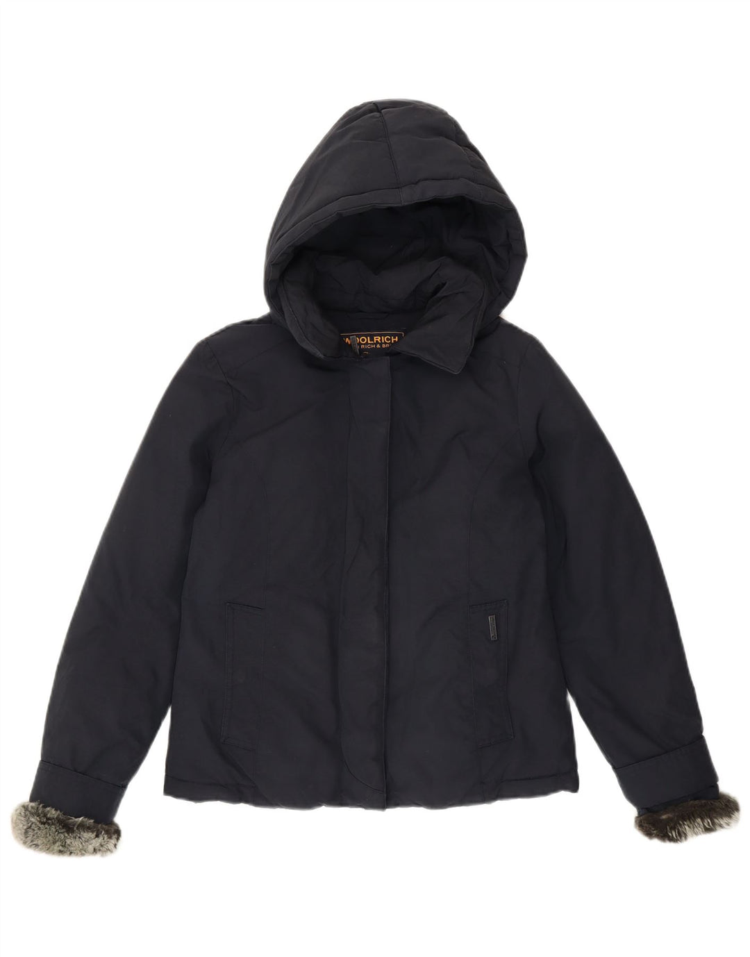 Giacca imbottita con cappuccio da donna Woolrich UK 10 piccola in cotone blu navy
