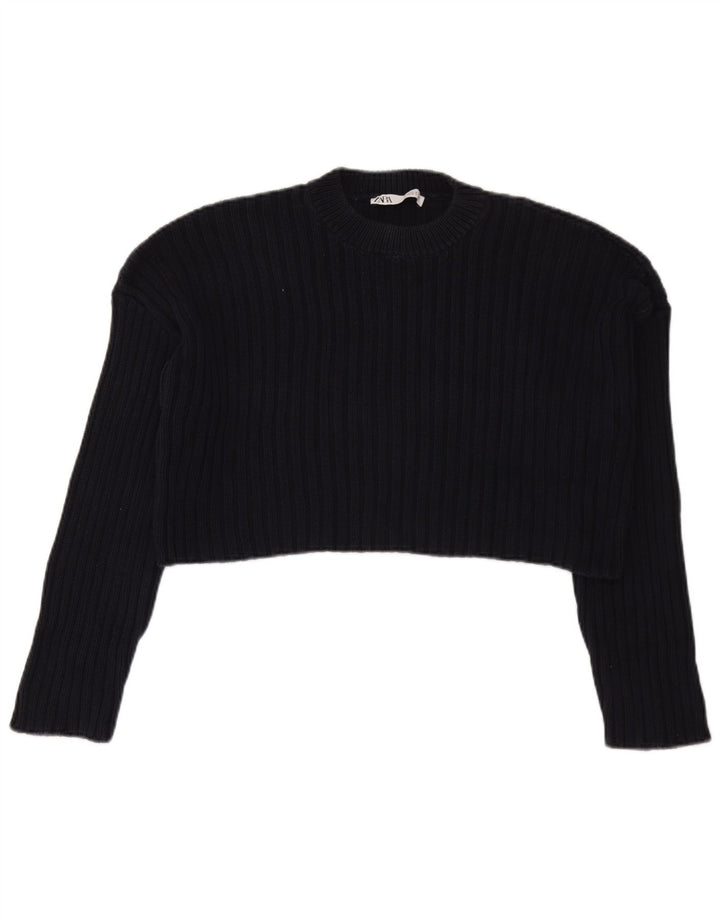 Maglione corto girocollo da donna Zara UK 14 blu navy medio