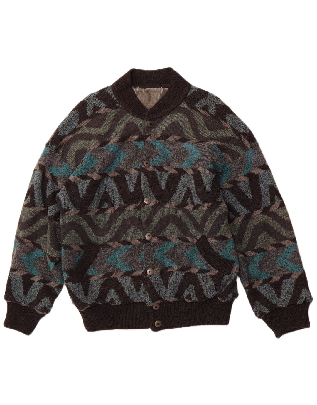 Giubbotto bomber vintage da uomo UK 42 XL in lana di alpaca geometrica multicolore