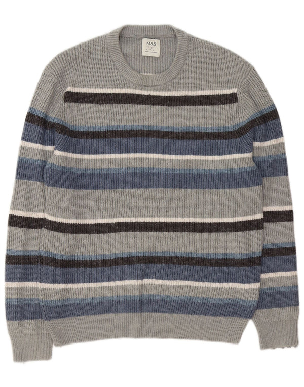 Maglione maglione girocollo da uomo Marks & Spencer, poliammide a righe grigie grandi