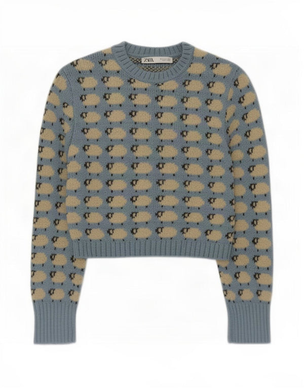 Maglione corto girocollo da donna Zara UK 12 blu medio stampa animalier