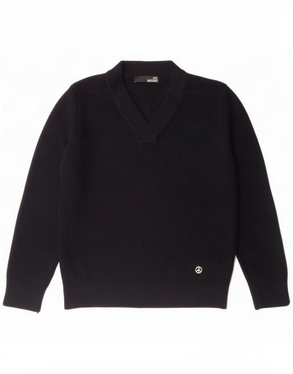 Moschino Womens V-Neck Jumper Sweater UK 16 Large Navy Blue Virgin Wool