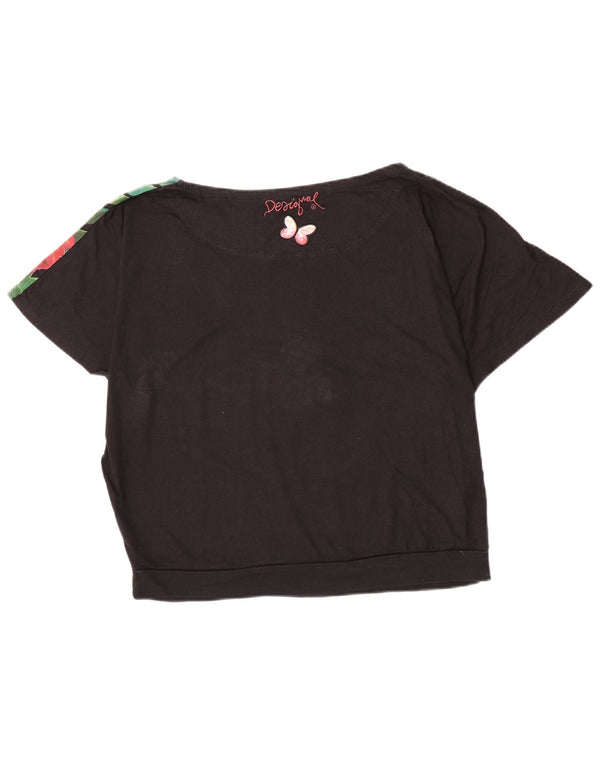 Desigual T-shirt grafica da donna Top UK 16 grande cotone floreale nero