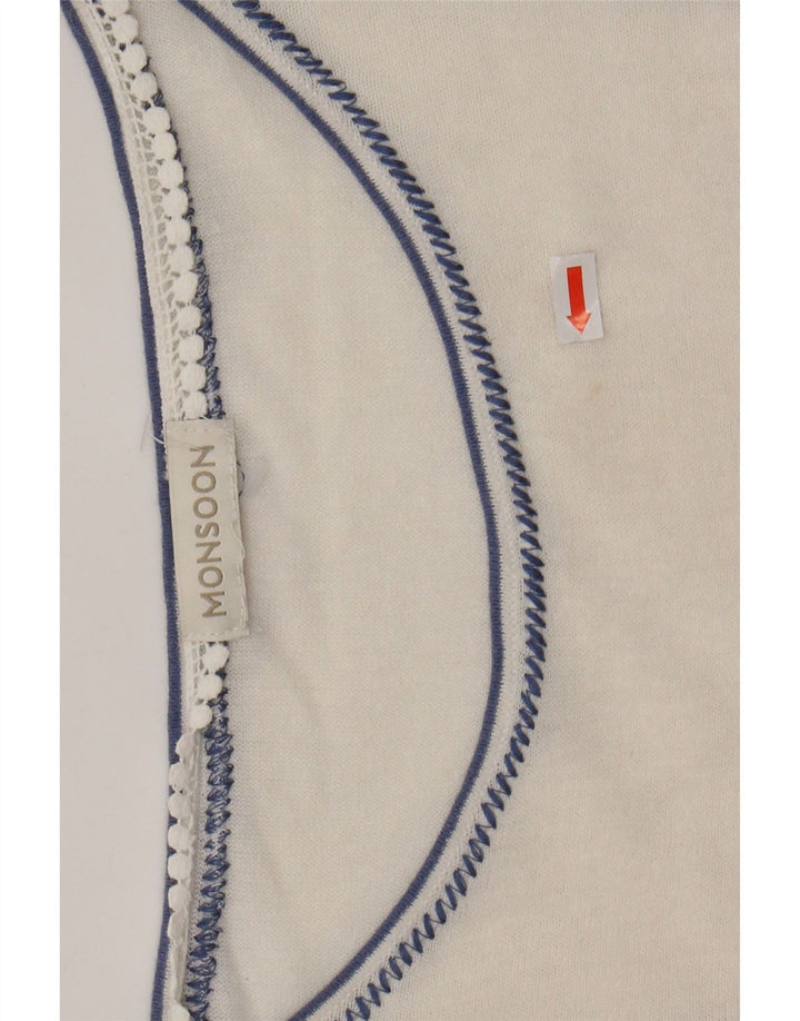MONSOON Camicetta da donna Top UK 16 Grande lino floreale bianco sporco