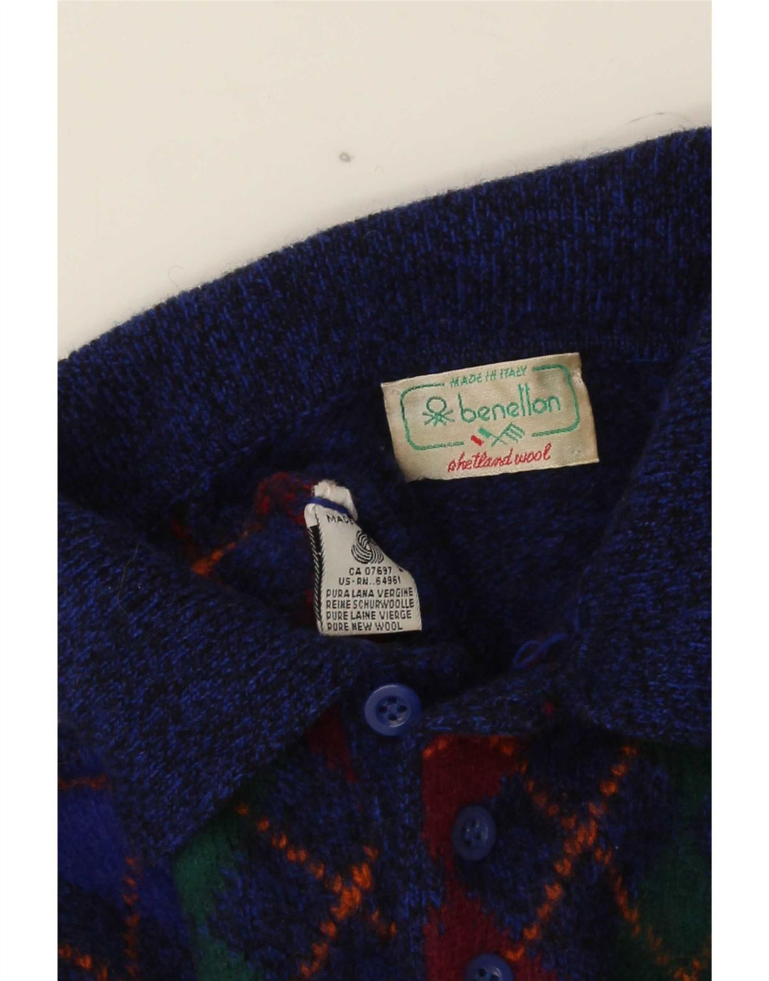 Maglione da uomo a collo alto Benetton IT 48 Small Blue Argyle/Diamond Wool
