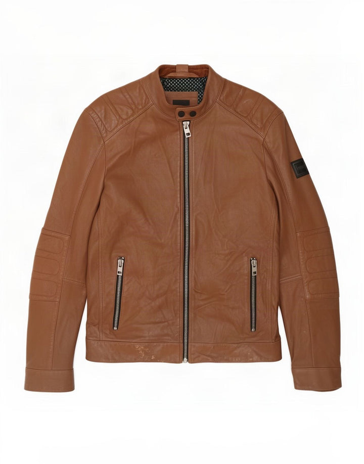 Giacca da motociclista in pelle da uomo Hugo Boss UK 36 piccola marrone