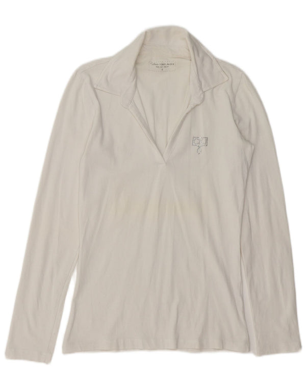 CALVIN KLEIN JEANS Polo a maniche lunghe da donna UK 10 Small Cotone bianco