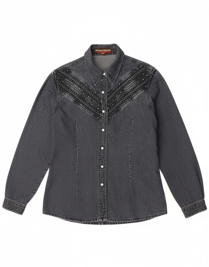 Camicia di jeans vintage da donna UK 14 cotone grigio medio