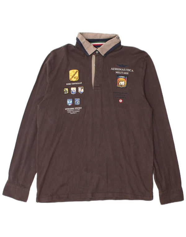 Polo da rugby da uomo con grafica a maniche lunghe Aeronautica Militare XL Marrone