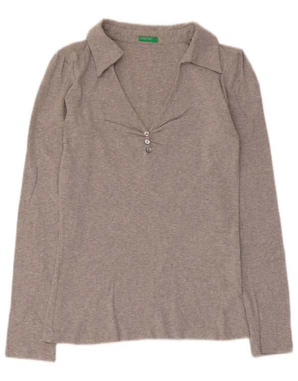 Polo regolare da donna a manica lunga Benetton UK 10 piccola in cotone grigio