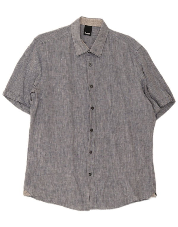 Camicia a maniche corte da uomo Hugo Boss Large in cotone blu