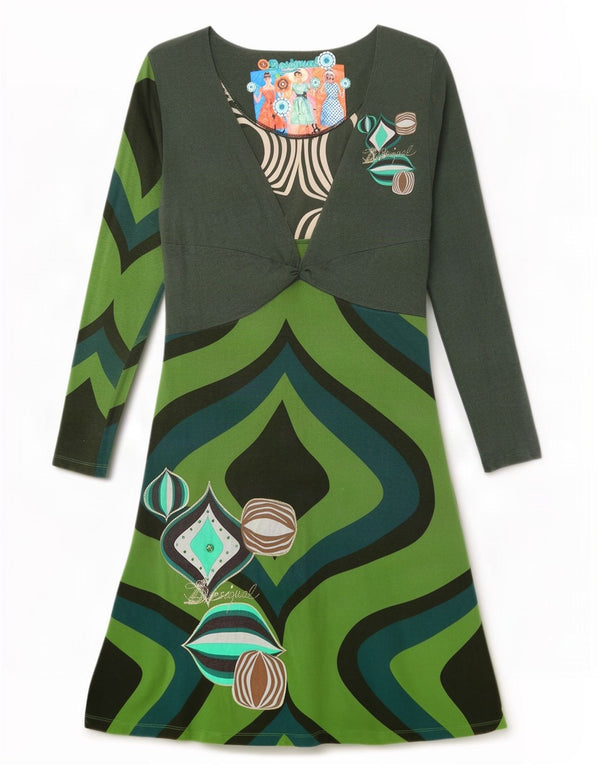 Desigual Abito a trapezio a maniche lunghe da donna con motivo astratto UK 14 Large Verde