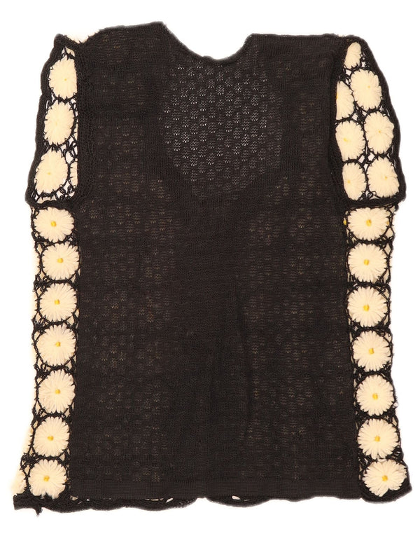 Maglione cardigan senza maniche da donna vintage UK 12 medio nero floreale
