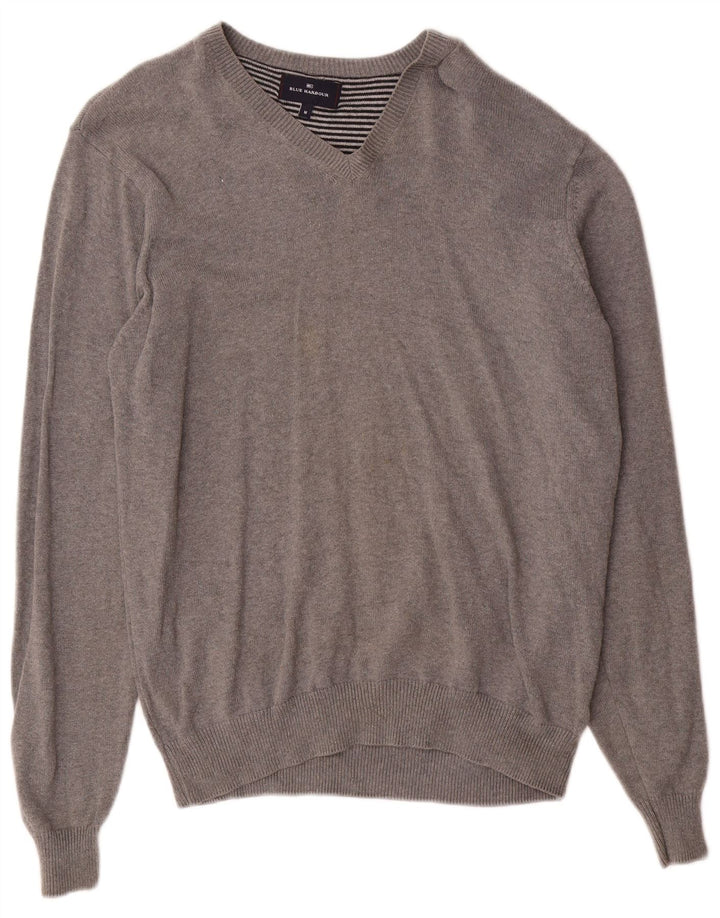 Maglione da uomo Marks & Spencer con scollo a V blu Harbour in cotone grigio medio