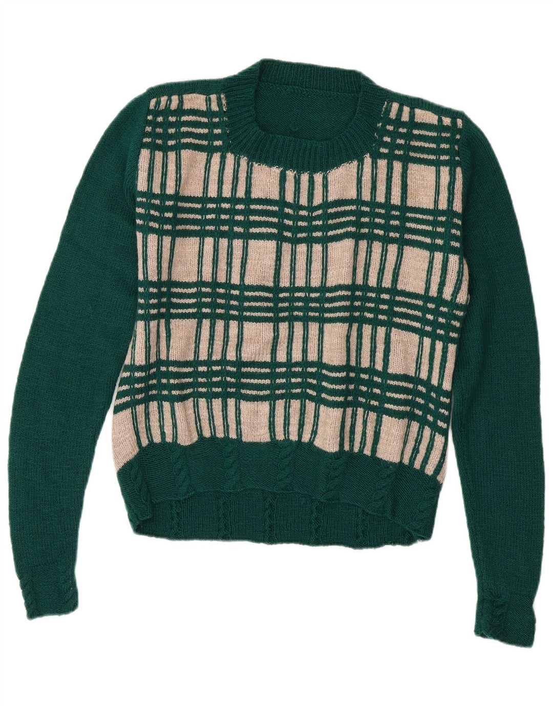 Maglione maglione girocollo da donna VINTAGE UK 14 verde medio a quadri