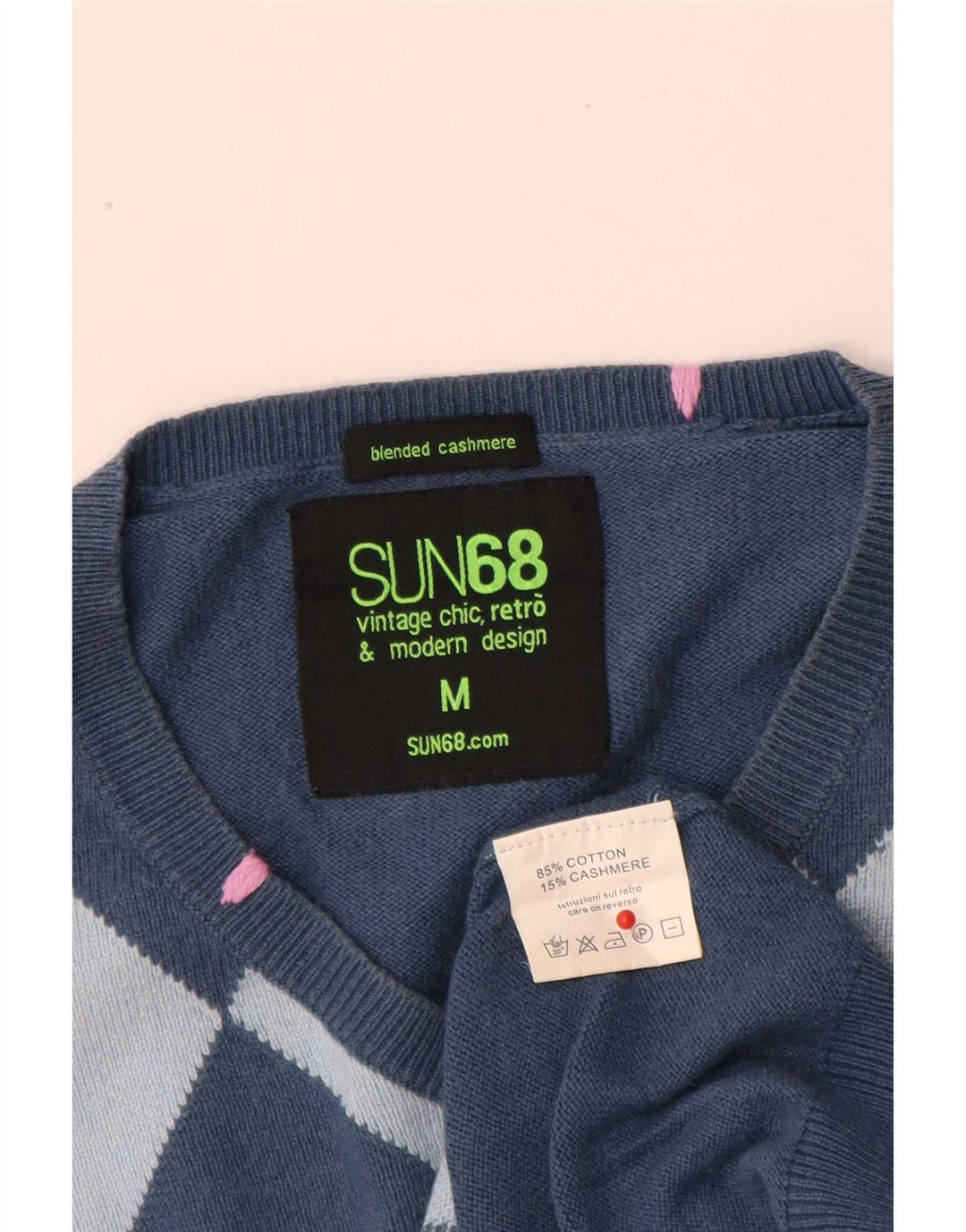 Maglione da uomo con scollo a V Sun68 blu medio argyle/cotone diamante