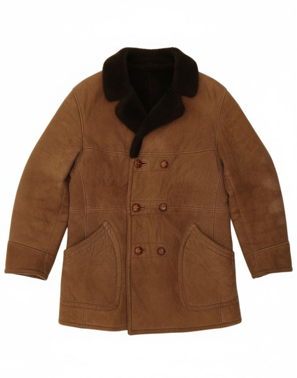 Giacca in shearling doppio petto da uomo vintage UK 36 piccola marrone