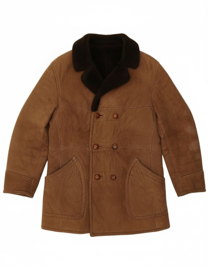 Giacca in shearling doppio petto da uomo vintage UK 36 piccola marrone