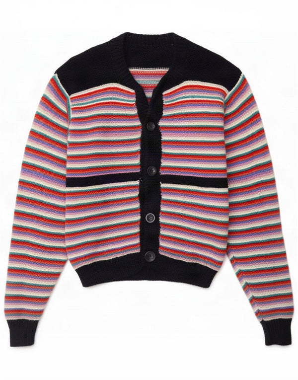 Maglione cardigan vintage da donna UK 14 medio a righe multicolore