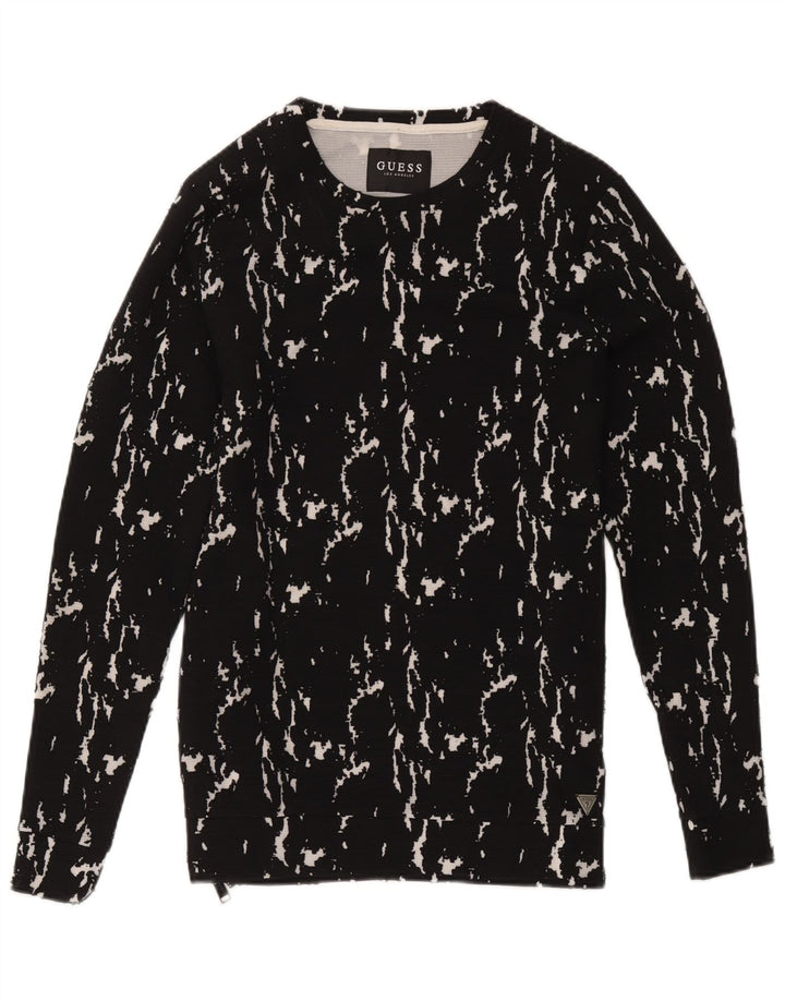 Guess Felpa da uomo con motivo astratto, maglione piccolo in cotone nero