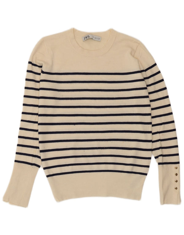 Maglione maglione girocollo da donna Zara UK 10 piccolo in viscosa a righe bianco sporco