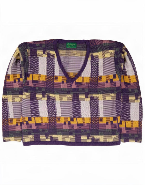 Maglione da donna vintage con scollo a V UK 14 Cotone geometrico viola medio